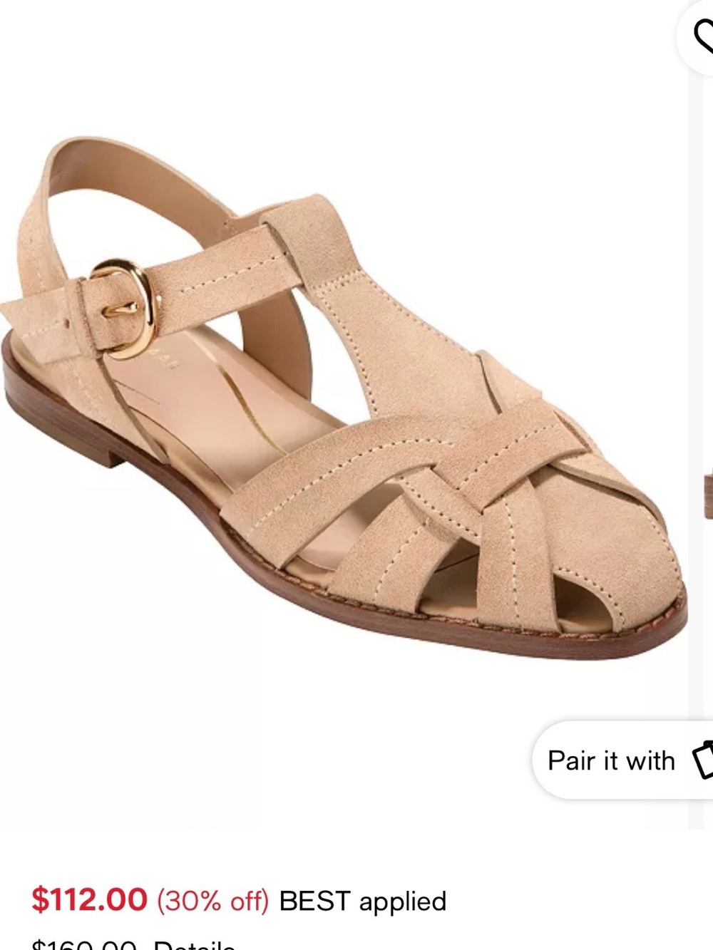 Cole Haan Beige suede fisherman Sandals with Gold Buckle